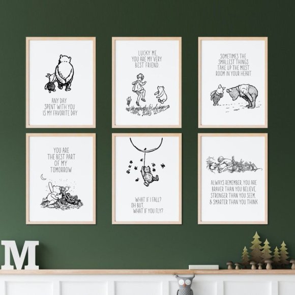 Nursery Wall Art Black & White Prints Winnie the Pooh Quotes Set of 6 - Picture 2 of 2